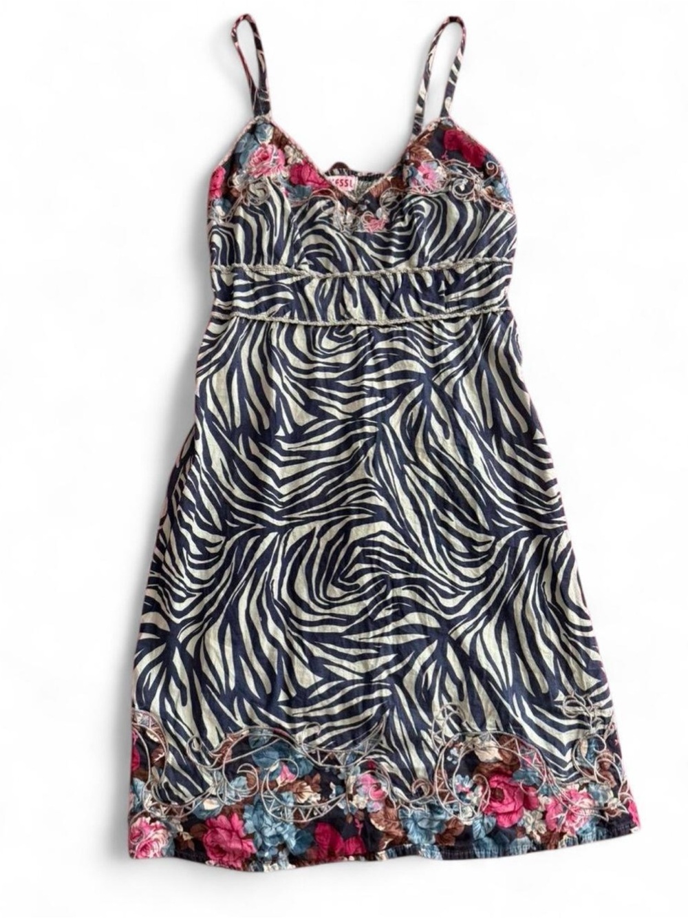 Floral Trim Zebra Print Spaghetti Strap Dress - Navy/White